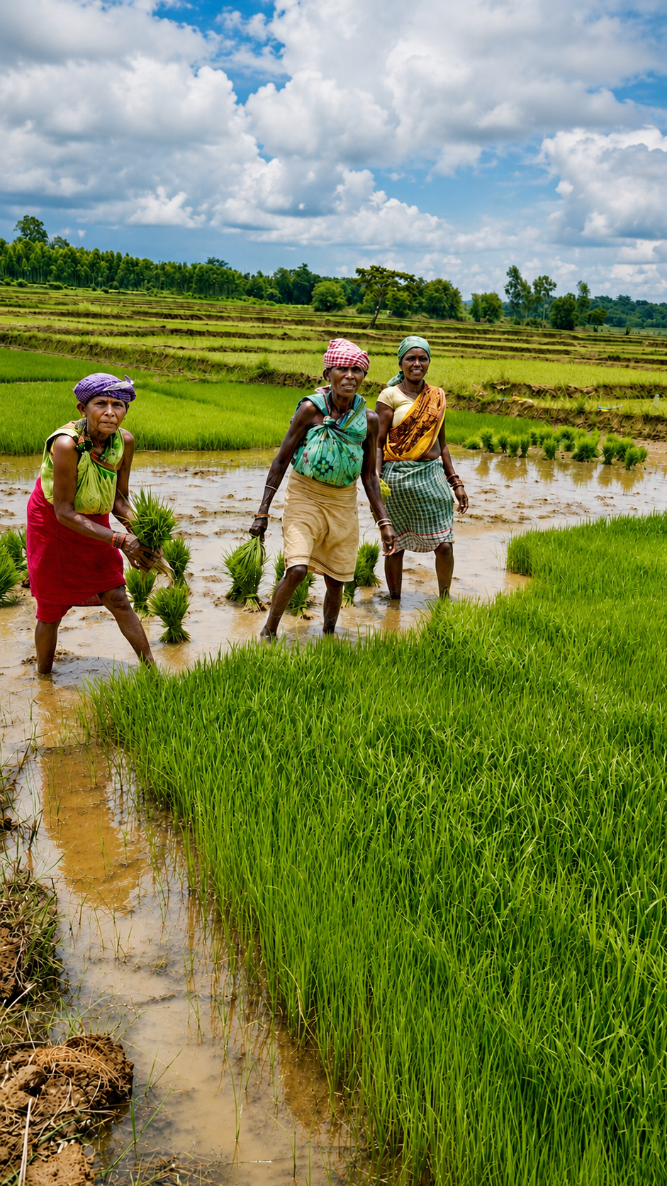 Lush green paddy fields in rural village